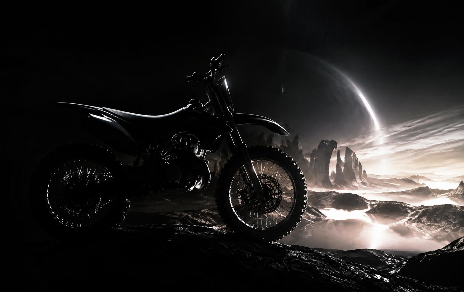 Dirt bike with an AI generated alien landscape behind it